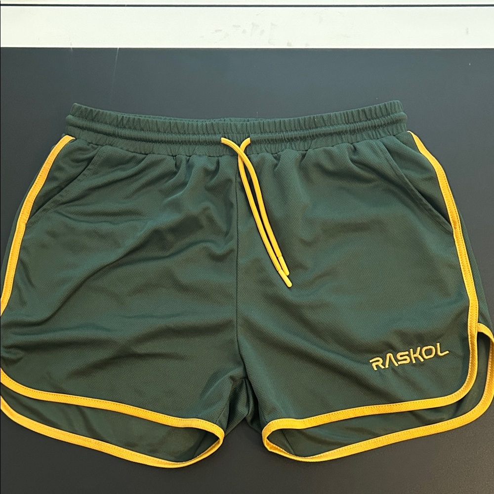 Raskol Men's Athletic Shorts - Forest Green with Yellow Trim